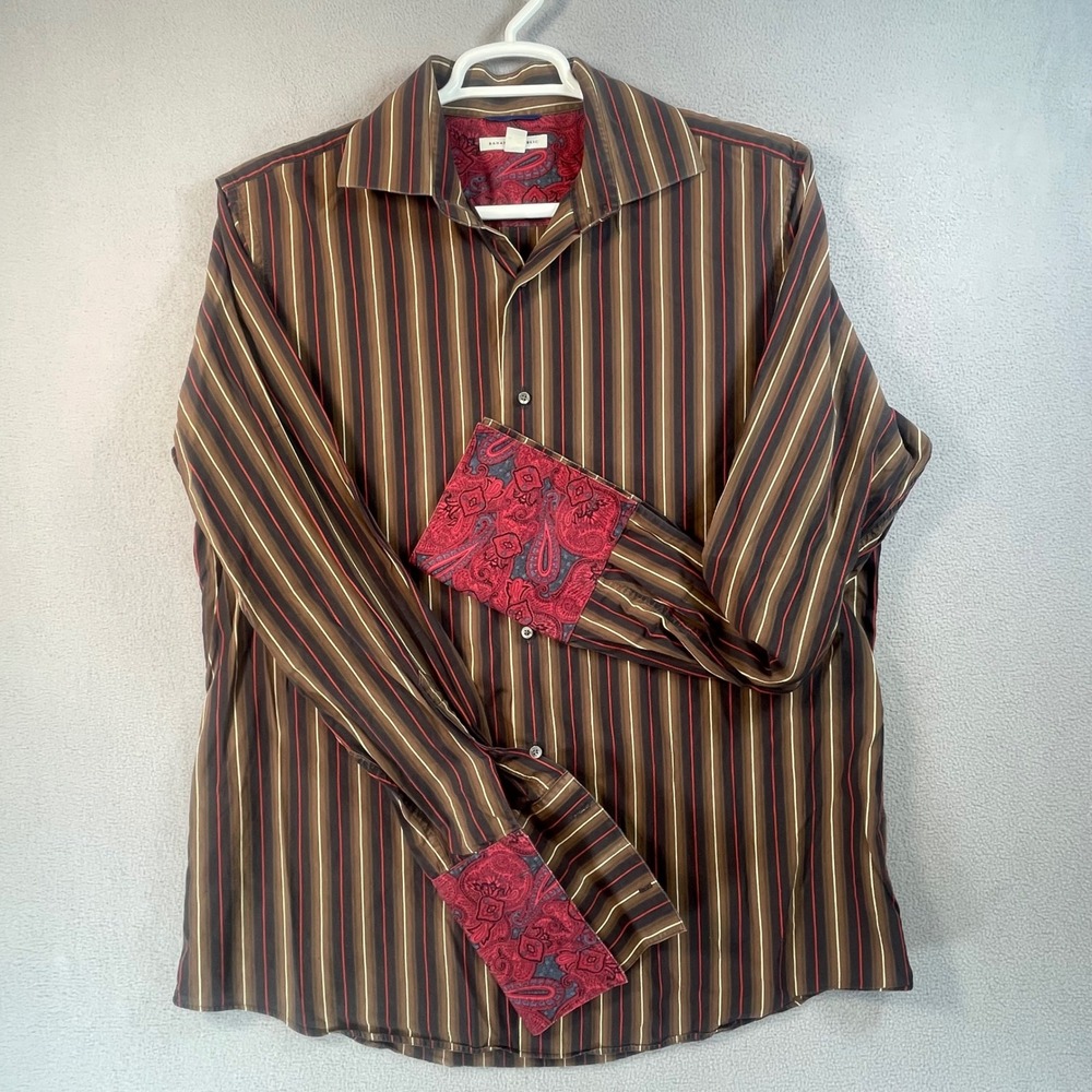 Banana Republic Button Down Mens XL Brown Striped Paisley Contrast Cuffs Shirt